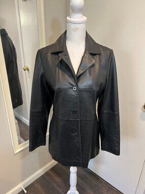 Charles Klein Black Genuine Leather Button Down Jacket, Size Medium